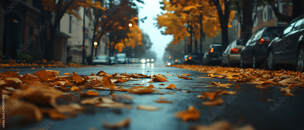 Fallen Autumn Leaves on a Wet City Street After Rain