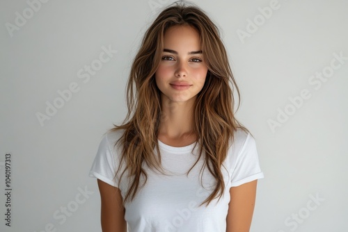 Young woman with long hair wearing a white t shirt in a bright indoor setting