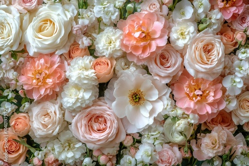 A beautiful arrangement of soft pink roses and white flowers in a delicate fl...