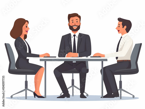 Flat vector illustration business leader negotiating meeting room candidly, showcasing authority and responsibility through body language. Well-lit space emphasizes transparency in serious discussions