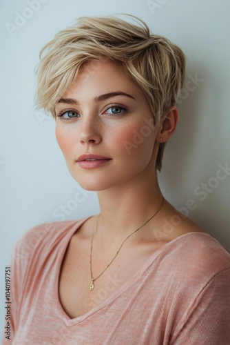 Young woman with short blonde hair poses in soft pink shirt against light bac...