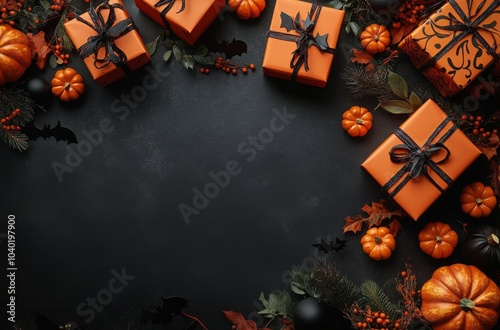 Autumn decor with orange gifts and pumpkins on a dark surface for seasonal fun