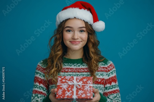 Young woman in a festive sweater and Santa hat holds a Christmas gift against...