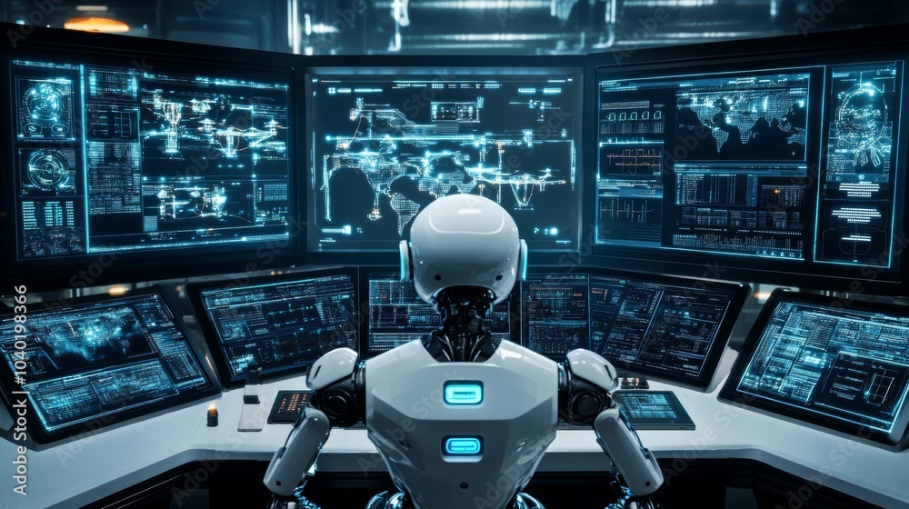 A robot operating autonomous security drones in a futuristic surveillance command center with multiple screens and control panels, clean and secure environment, Security-tech style A robot operating autonomous security drones in a futuristic surveillance command center with multiple screens and control panels, clean and secure environment, Security-tech style