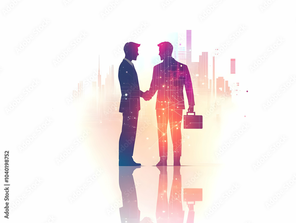Flat Glossy Background with Floating Holographic Handshake Icons for Business Bargaining, Leadership Responsibility, Ample Copy Space for Advertisements, Clean Vector Illustration of Smart Business To Flat Glossy Background with Floating Holographic Handshake Icons for Business Bargaining, Leadership Responsibility, Ample Copy Space for Advertisements, Clean Vector Illustration of Smart Business To