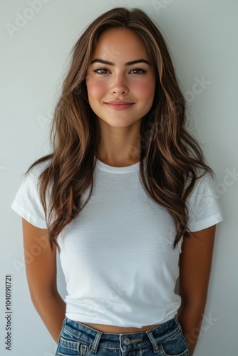 Portrait of a young woman with long hair wearing a plain white t shirt agains...