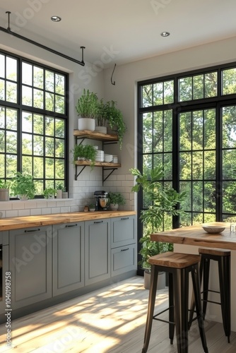 Bright and inviting kitchen interior with green plants and wooden bar stools