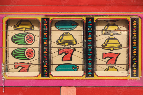Photography Close up of a colorful vintage slot machine
