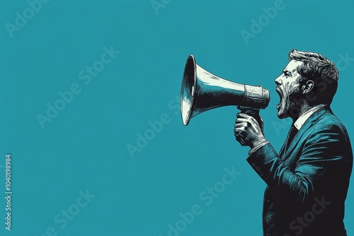 Man wearing a suit passionately speaks into a megaphone against a gray backgr...