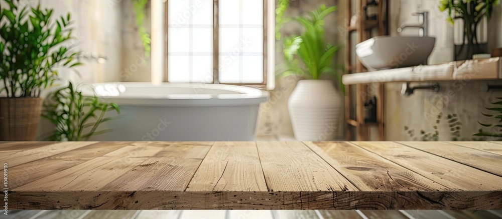 © Ilgun - Table with available copy space image and blurry bathroom backdrop visible