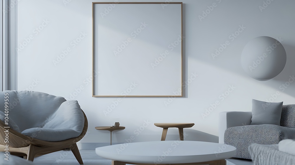 Minimalist living room interior with a large blank canvas on the wall, a white coffee table, an armchair, and a sofa. Minimalist living room interior with a large blank canvas on the wall, a white coffee table, an armchair, and a sofa.