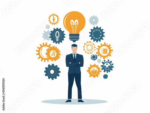 Innovative Leadership Concept: Flat Gears & Lightbulb Vector Image on White Background for Business Infographics & Presentations, Showcasing Responsibility & Creativity in Smart Business Design.