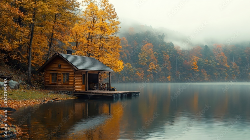 Fototapeta premium Rustic Lakeside Cabin Nestled in Vibrant Autumn Foliage