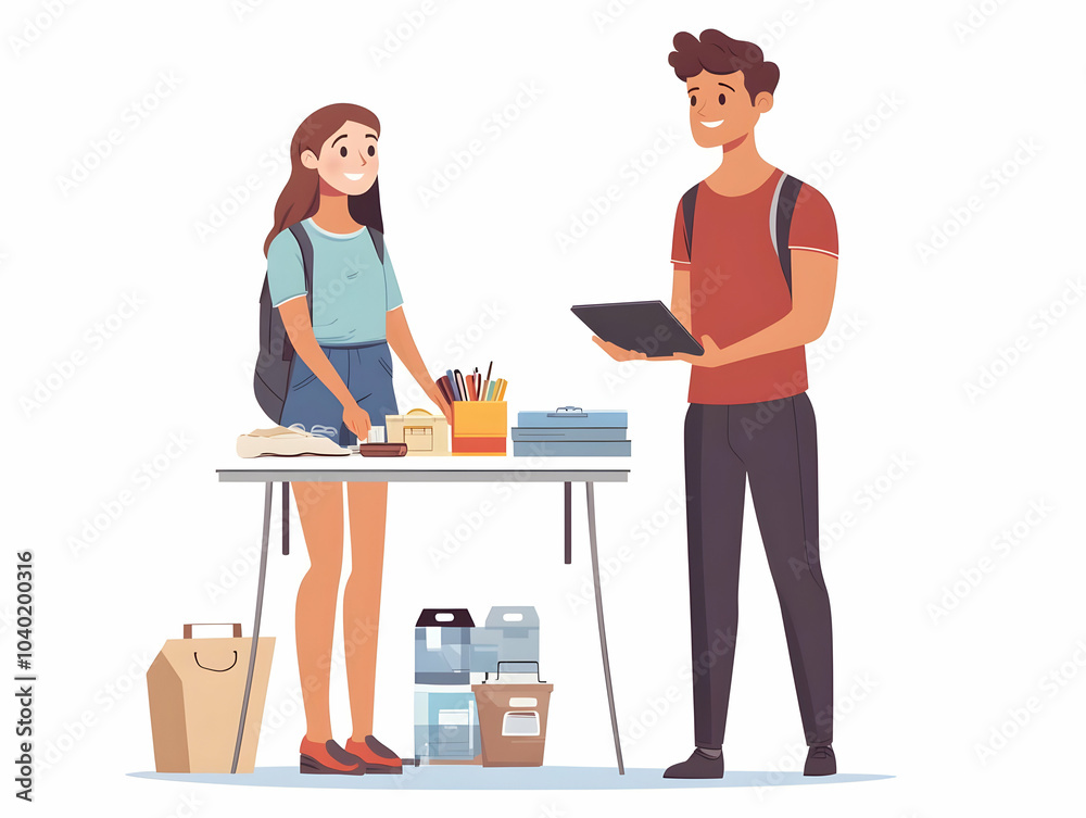 Flat Candid Garage Sale Negotiation Vector Illustration - Person Bargaining Price at Table with Items, Side Angle Capture, Simple Minimalist Style for Smart Business Concept in Stock Design Flat Candid Garage Sale Negotiation Vector Illustration - Person Bargaining Price at Table with Items, Side Angle Capture, Simple Minimalist Style for Smart Business Concept in Stock Design