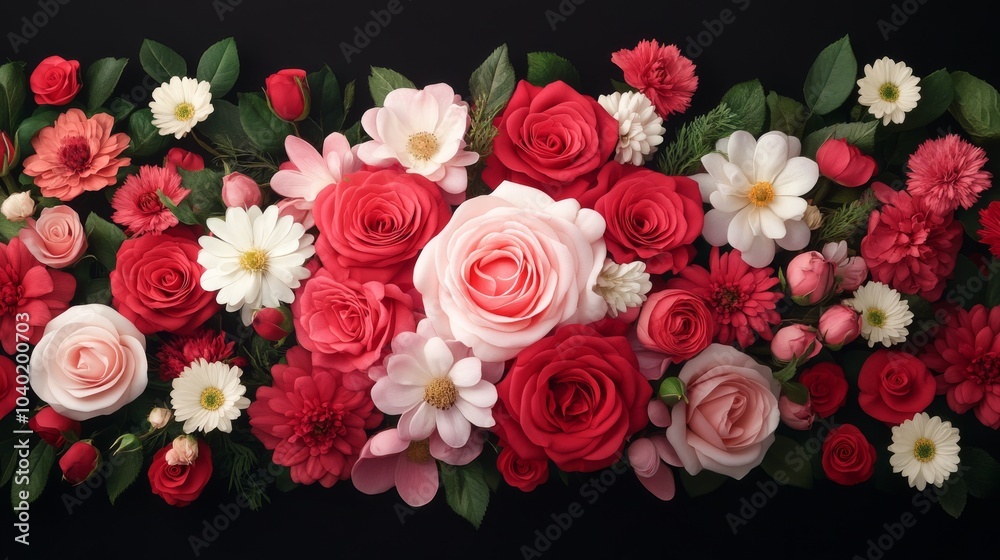 Vibrant floral arrangement with roses and daisies