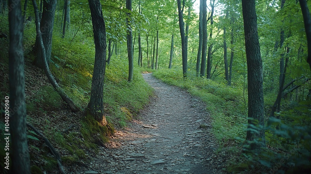 A Serene Hiking Trail Through a Lush Forest, Perfect for Outdoor Adventures and Nature Photography A Serene Hiking Trail Through a Lush Forest, Perfect for Outdoor Adventures and Nature Photography