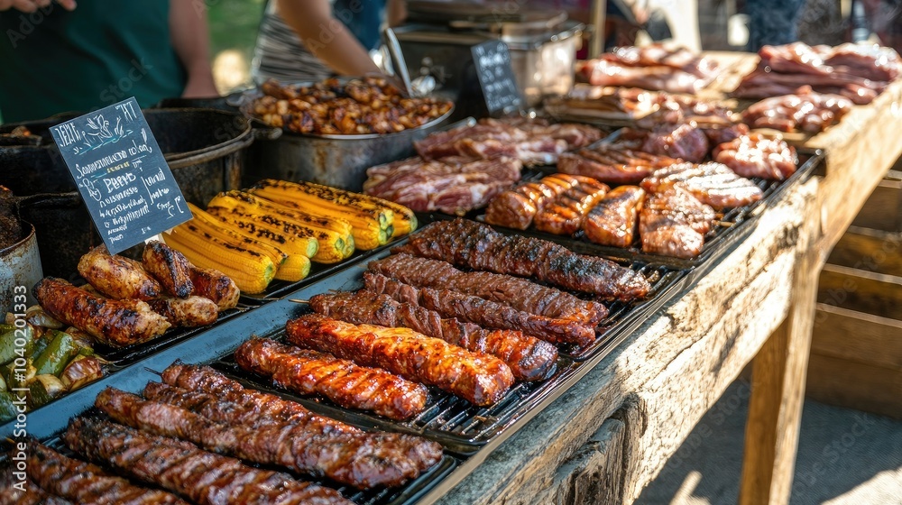 A variety of grilled meats and vegetables at a festival booth, displayed on a rustic table with room for text A variety of grilled meats and vegetables at a festival booth, displayed on a rustic table with room for text