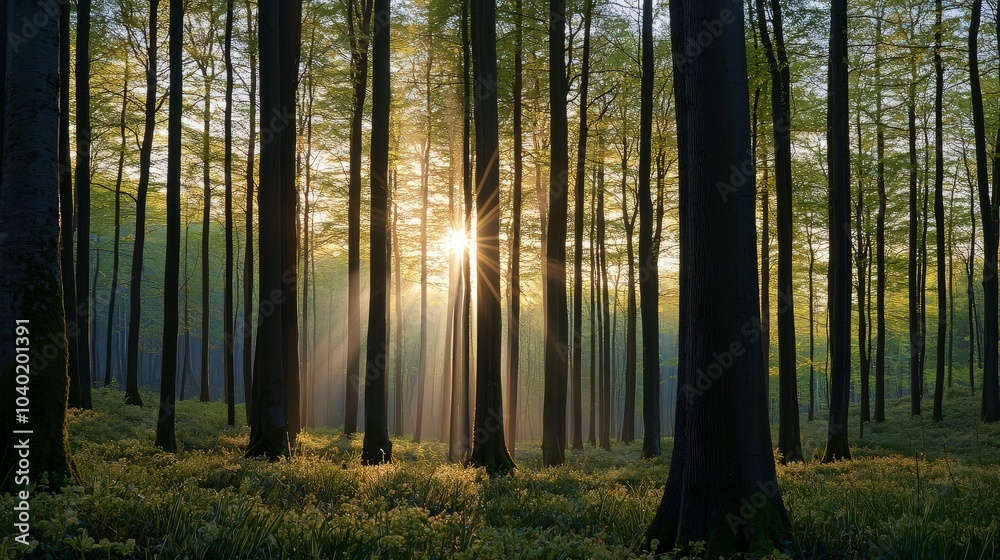 Fototapeta premium Golden sunlight streams through a dense forest, illuminating the green leaves and creating a magical atmosphere.