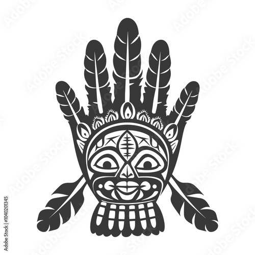 Native American Tribal Mask with Feathers and Geometric Patterns