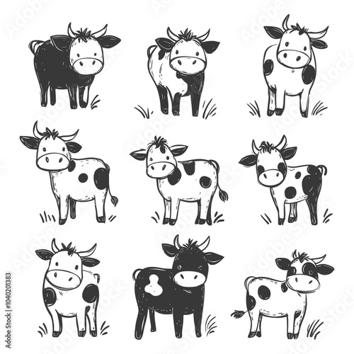 Nine Hand Drawn Black and White Cows in Various Poses