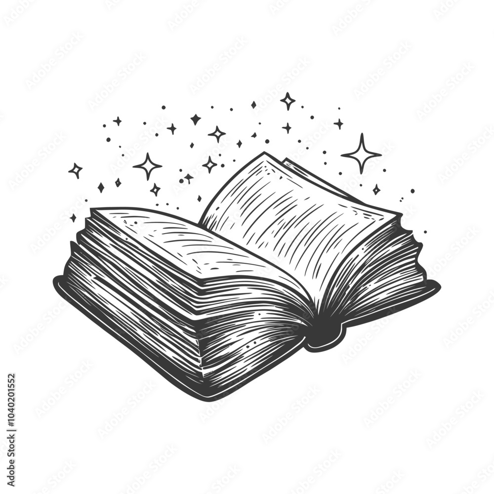 Open book with magic sparkles in black and white sketch style