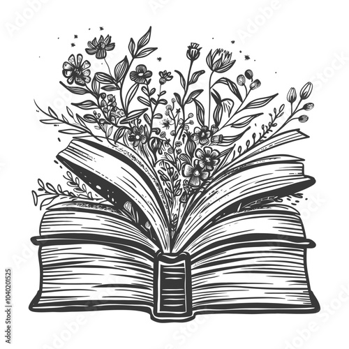 Open Book with Blooming Flowers Growing from its Pages