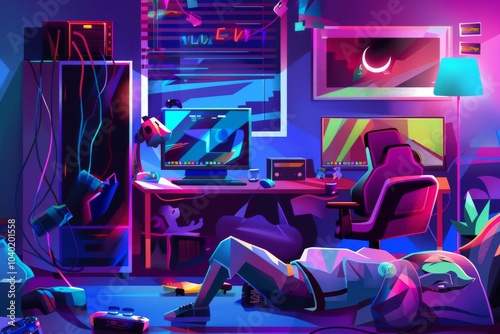 A vibrant and chaotic gamer’s workspace filled with tech, colorful lights, and an astronaut relaxing on the floor
