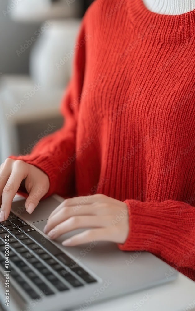Person typing on a laptop with a red sweater, blurred background. Person typing on a laptop with a red sweater, blurred background.