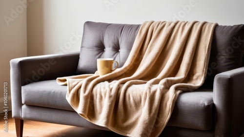 A cozy beige blanket drapes over a plush gray sofa in a sunlit room, with a steaming cup of tea on a wooden table beside it.