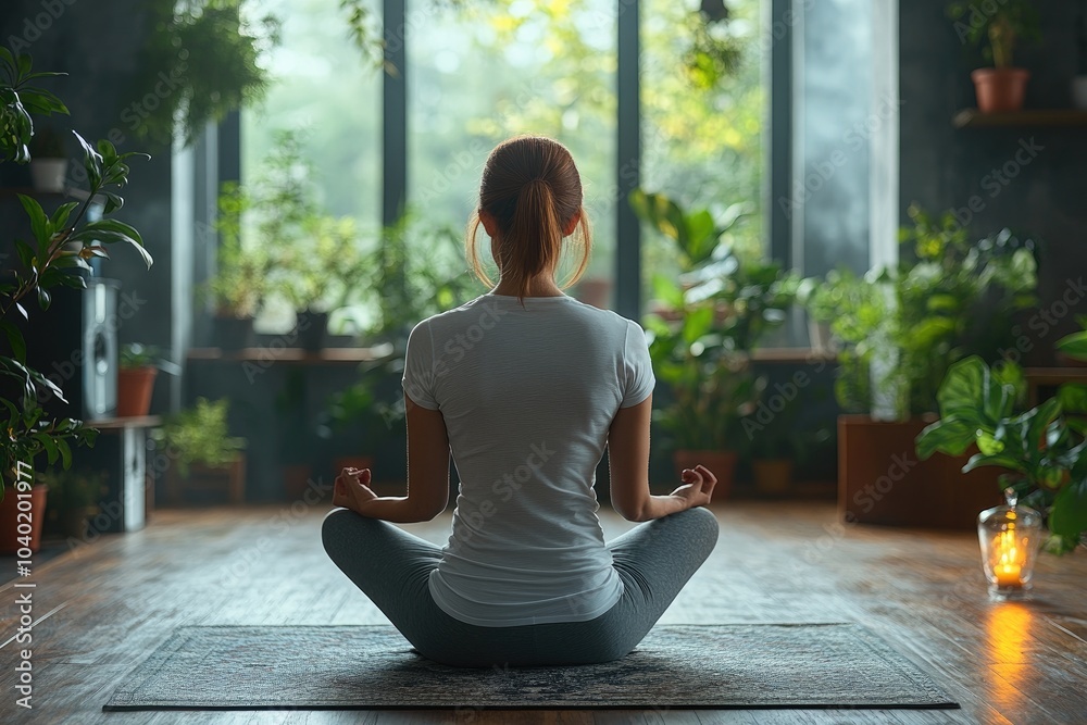 Woman Sitting in Lotus Position on Yoga Mat in a Room with Plants Woman Sitting in Lotus Position on Yoga Mat in a Room with Plants