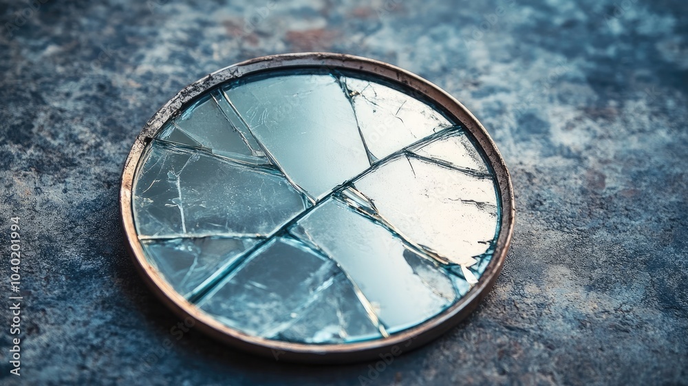 Obraz premium Broken round mirror on textured surface with reflections