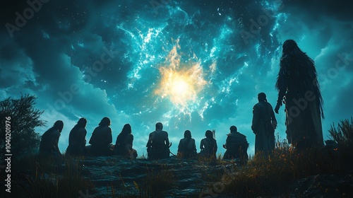 Watchers teaching humanity beneath open sky mystical beings share ancient knowledge with humans learning crafts and secrets a mysterious and spiritual exchange in a sacred atmosphere photo