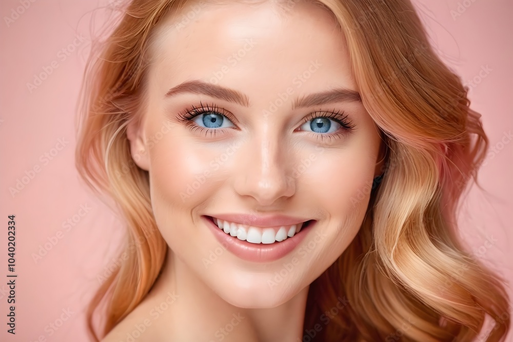Close-up portrait of a beautiful woman with long wavy red hair, bright blue eyes, and a glowing white smile against a pastel pink background, perfect for beauty stock photos. Close-up portrait of a beautiful woman with long wavy red hair, bright blue eyes, and a glowing white smile against a pastel pink background, perfect for beauty stock photos.
