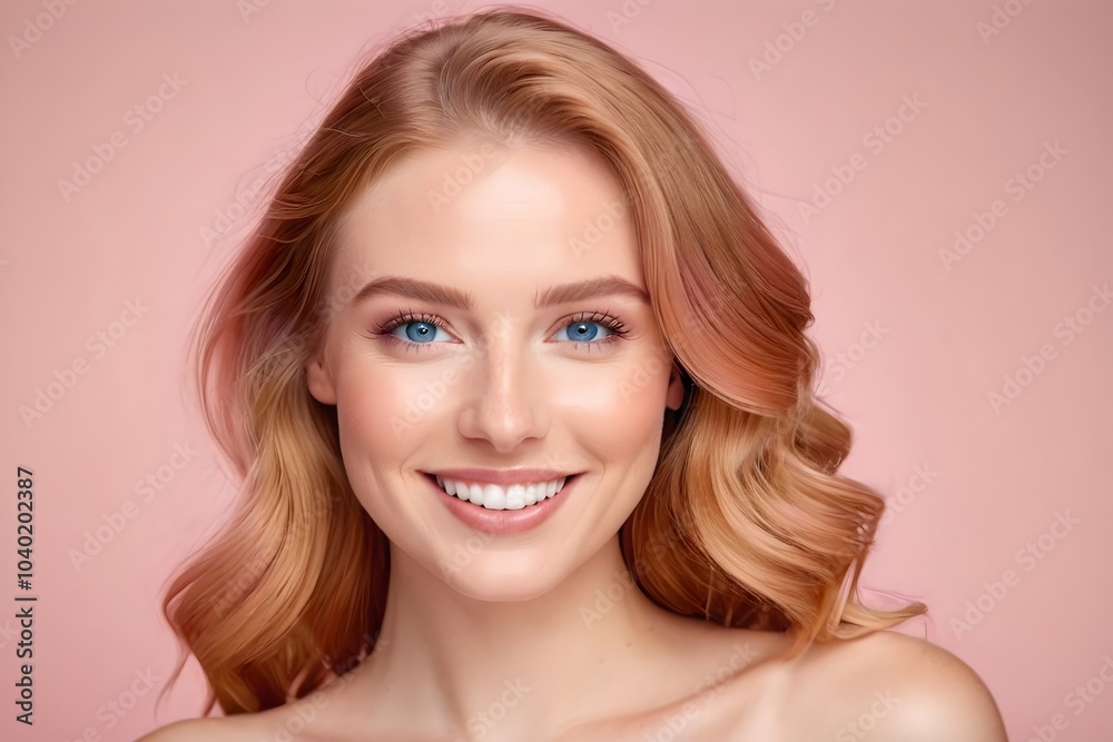 Close-up portrait of a beautiful woman with long wavy red hair, bright blue eyes, and a glowing white smile against a pastel pink background, perfect for beauty stock photos. Close-up portrait of a beautiful woman with long wavy red hair, bright blue eyes, and a glowing white smile against a pastel pink background, perfect for beauty stock photos.