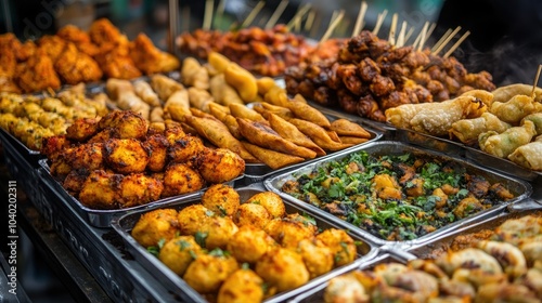 A variety of street festival finger foods like samosas and kebabs, with space for copy