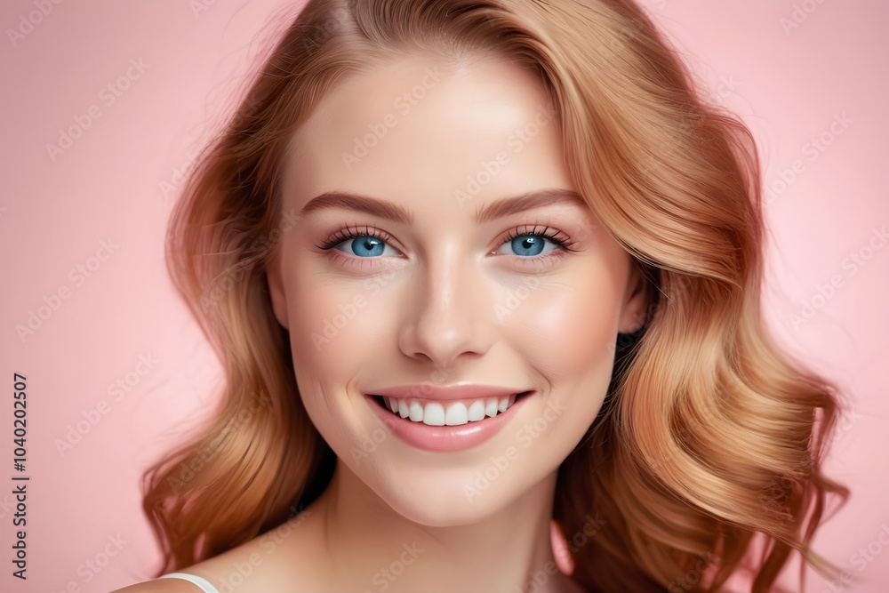 Close-up portrait of a beautiful woman with long wavy red hair, bright blue eyes, and a glowing white smile against a pastel pink background, perfect for beauty stock photos. Close-up portrait of a beautiful woman with long wavy red hair, bright blue eyes, and a glowing white smile against a pastel pink background, perfect for beauty stock photos.