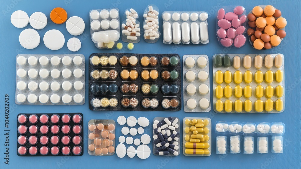 Various drugs like pills, tablets, and capsules arranged on a blue surface seen from above. There is room for text or other elements in the photo. image with copy space Various drugs like pills, tablets, and capsules arranged on a blue surface seen from above. There is room for text or other elements in the photo. image with copy space