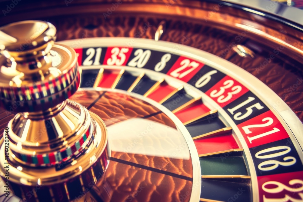 A close-up view of a spinning roulette wheel in a bustling casino, capturing the thrill and excitement of the game in motion A close-up view of a spinning roulette wheel in a bustling casino, capturing the thrill and excitement of the game in motion