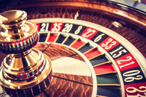 A close-up view of a spinning roulette wheel in a bustling casino, capturing the thrill and excitement of the game in motion photo