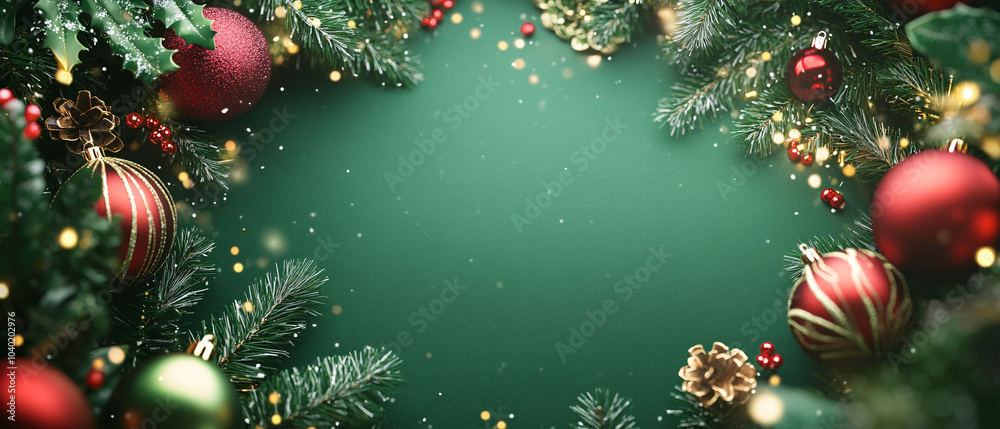 Festive Christmas Ornament Border on Green Background Festive Christmas Ornament Border on Green Background