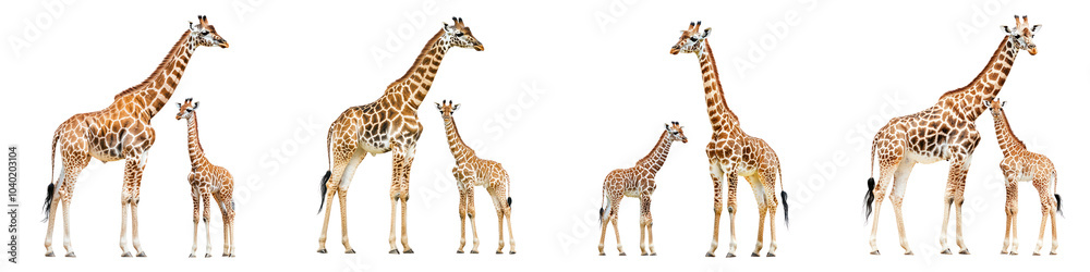 Fototapeta premium Baby giraffe standing beside its mother with its long neck and spotted coat. isolated on transparency background