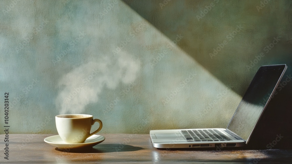 Steaming coffee cup next to open laptop on wooden table with soft lighting Steaming coffee cup next to open laptop on wooden table with soft lighting