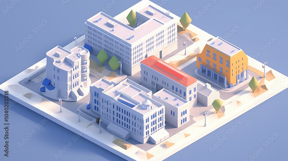 Isometric view of a city block with buildings, trees, and streetlights. Isometric view of a city block with buildings, trees, and streetlights.
