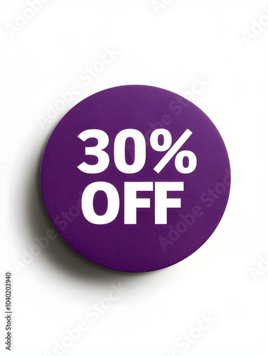 White '30% OFF' Text on a Dark Purple Round Paper Note. White Background 