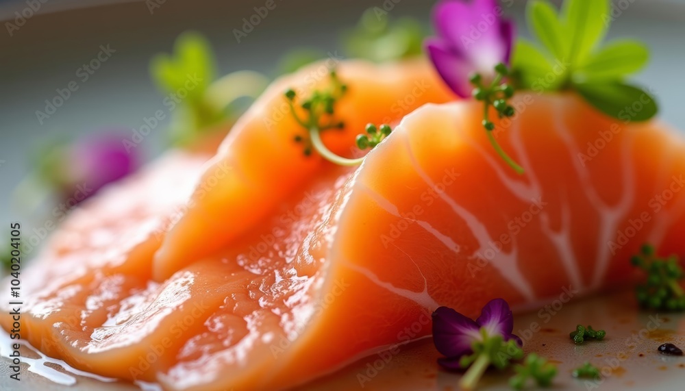 Freshly sliced salmon garnished with edible flowers and herbs Freshly sliced salmon garnished with edible flowers and herbs