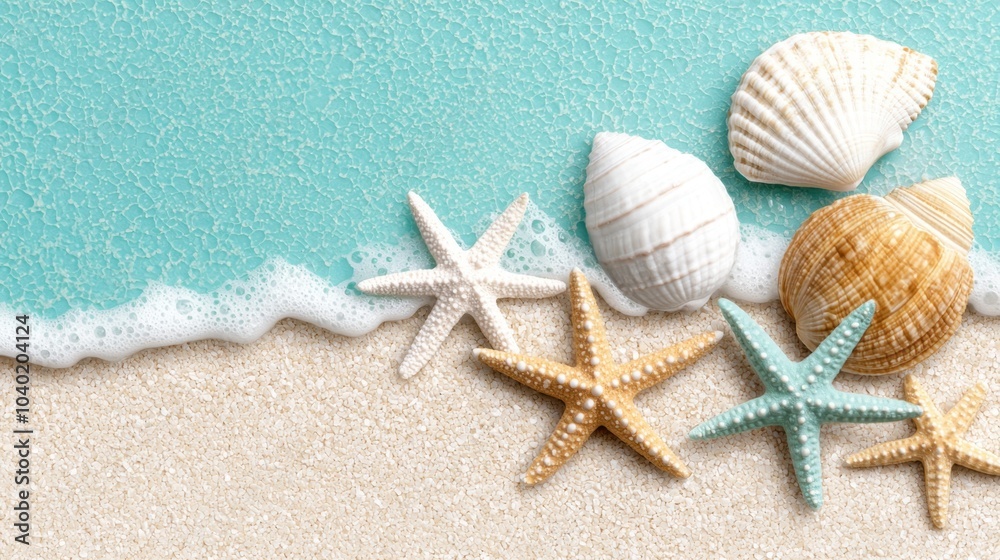 Seashells and starfish on sandy beach with turquoise ocean waves Seashells and starfish on sandy beach with turquoise ocean waves