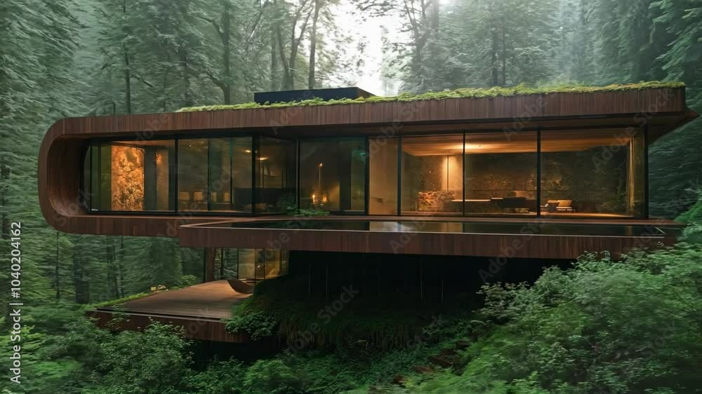 A modern, elevated house with floor-to-ceiling windows sits amidst a dense, misty forest, blending contemporary design with natural surroundings in a tranquil and secluded setting A modern, elevated house with floor-to-ceiling windows sits amidst a dense, misty forest, blending contemporary design with natural surroundings in a tranquil and secluded setting