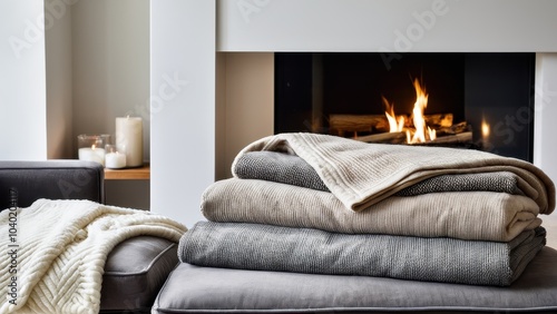 A cozy living room features a modern gray sofa with cushions, a warm blanket, a woven basket, and a black fireplace casting a welcoming glow. photo