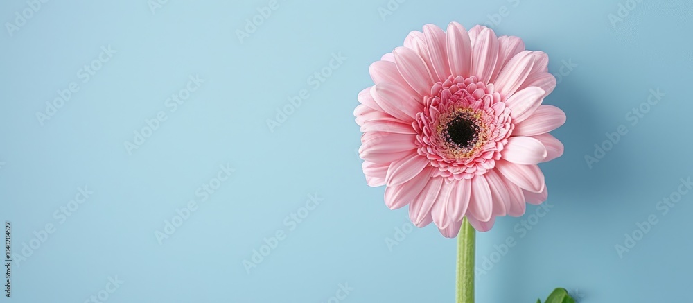 Top view of a lovely pink gerbera flower on a light blue backdrop with room for text in the image. Copy space image. Place for adding text and design Top view of a lovely pink gerbera flower on a light blue backdrop with room for text in the image. Copy space image. Place for adding text and design