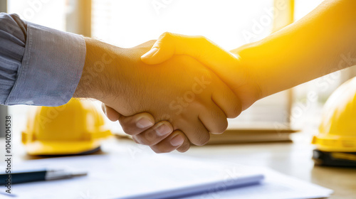 Business handshake at construction with safety helmet and blueprints in background.